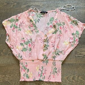 George Pink Floral Button-Front Smocked Waist Blouse